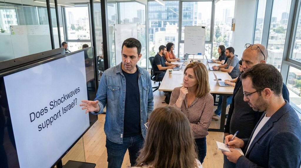Diverse group in Tel Aviv office discusses topic on monitor.