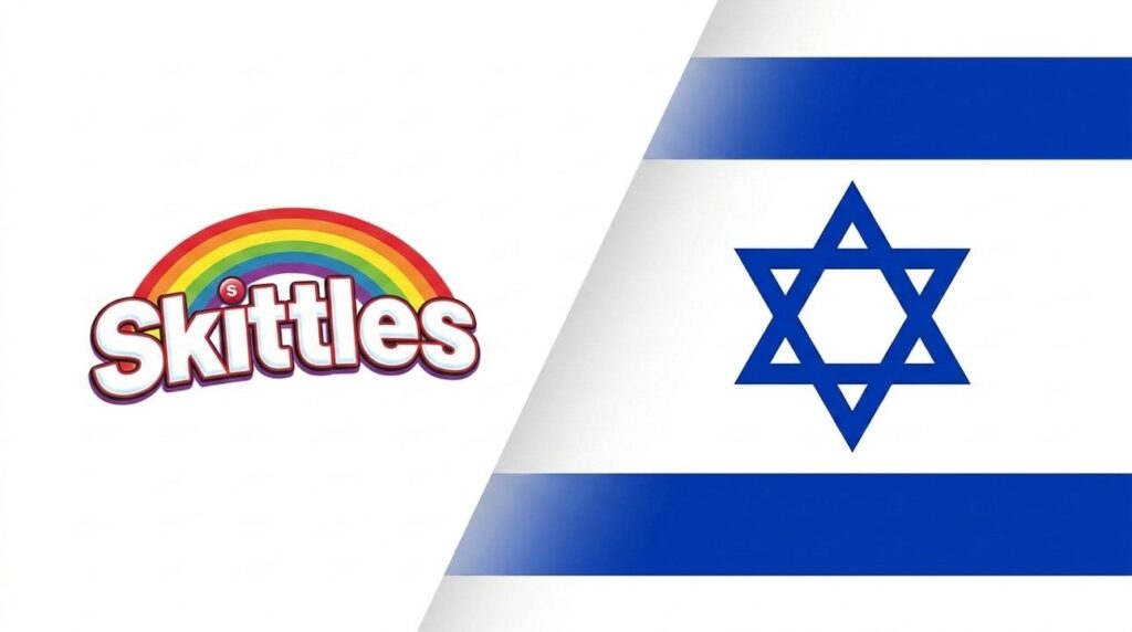 Skittles brand cover with Israeli flag integrated graphic layout design.