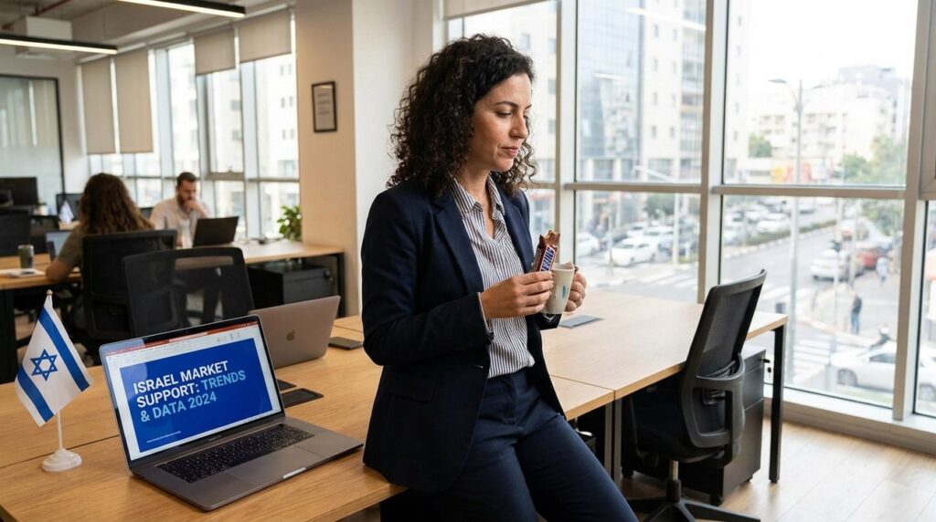Israeli woman in Tel Aviv office holds Snickers; slide; flag.