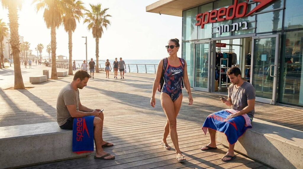 Israeli woman in Speedo walks Tel Aviv promenade; bench nearby.