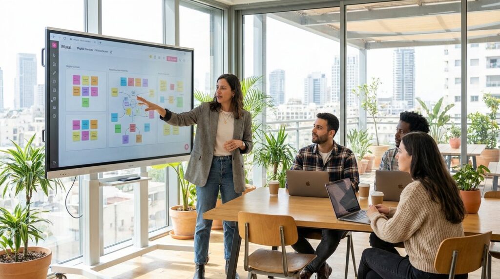 Secular Israeli woman presents digital whiteboard and Mural to team.