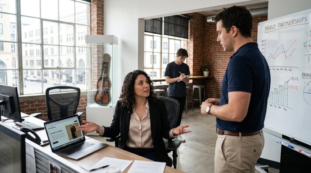 Israeli woman at desk with laptop; man whiteboard; barista notes.