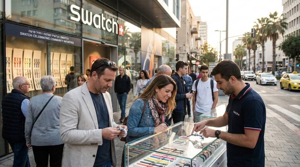Secular Israeli woman examines Swatch displays while staff explains features.