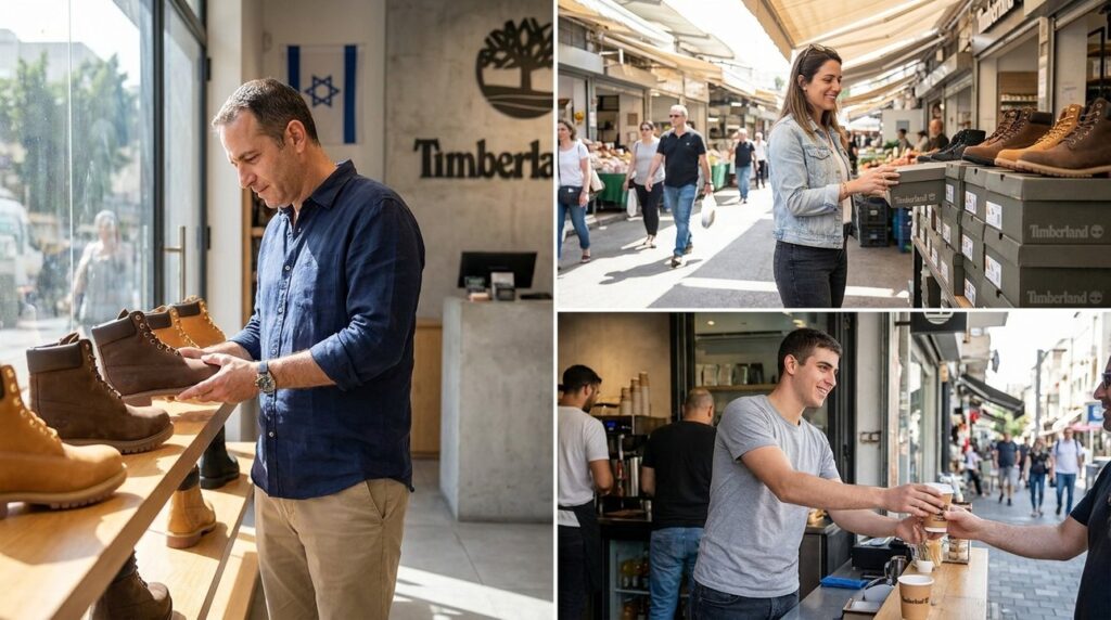 Tel Aviv: man with boots, woman by packaging, barista serving.