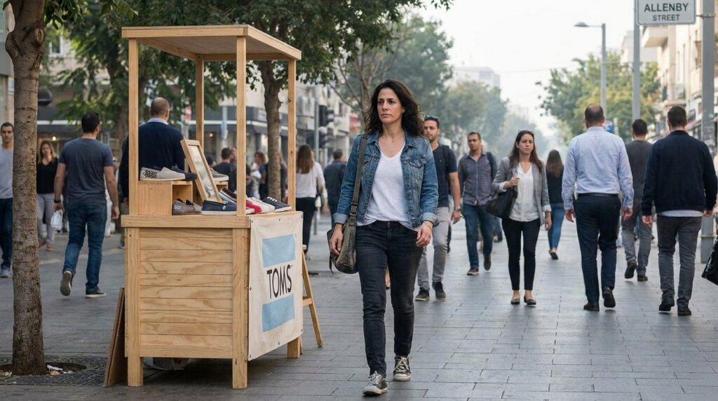 Secular Israeli woman walks past a TOMS pop-up on Tel Aviv street.