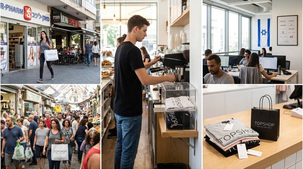 - Secular Israeli woman in Tel Aviv street with Topshop bag.
- Tel Aviv barista in jeans at cafe with Topshop display.
- Corporate office in Tel Aviv with Israel flag and branding.
- Market scene in Mahane Yehuda with shoppers and Topshop items.
- Topshop packaging and sleeve featuring secular fashion aesthetic on display.