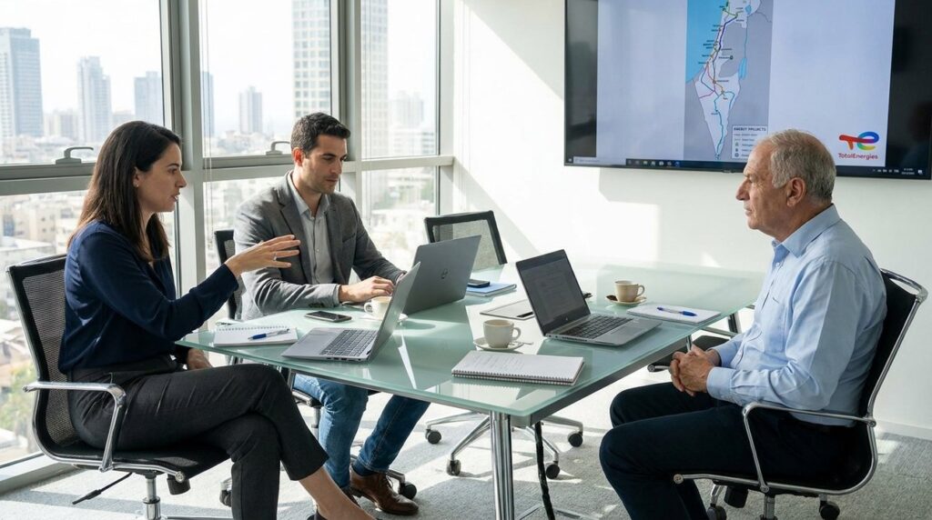 Diverse professionals discuss energy strategy; screen shows TotalEnergies logo Israel.