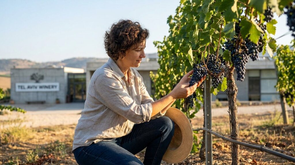 Israeli woman in clothing inspecting Nebbiolo grapes; winery buildings behind.