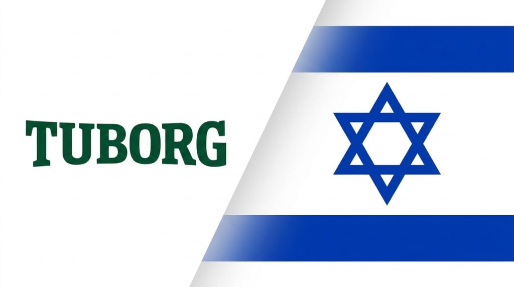 Tuborg brand logo beside Israeli flag on a graphic cover.