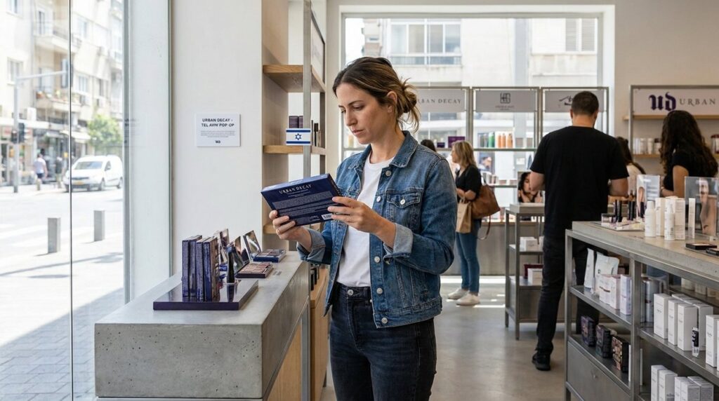 Israeli woman in jeans and tee examines Urban Decay box.