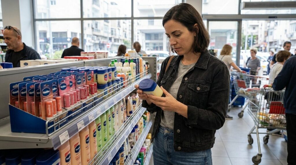 Israeli woman in denim jacket reads Vaseline lip balm label.