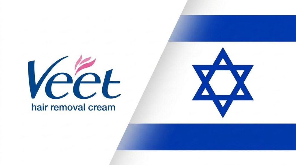 Veet brand cover with Israeli flag graphic layout on page.