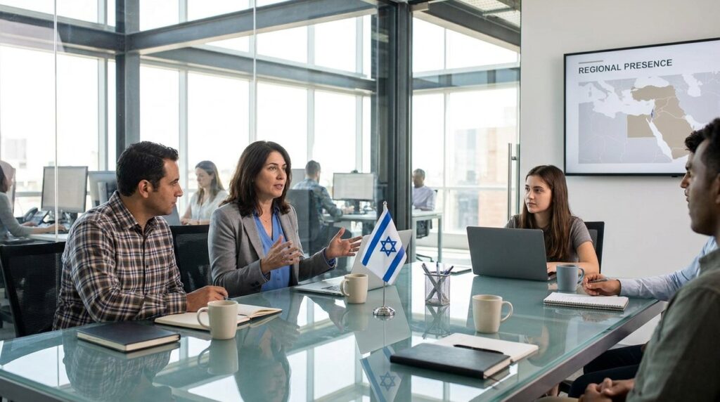 Diverse team in glass-table office with Israeli flag, laptops, notebooks.