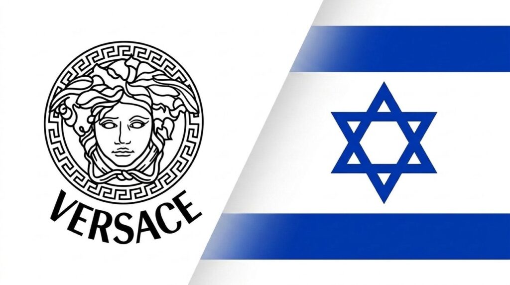 Versace brand cover featuring Israeli flag graphics in layout.