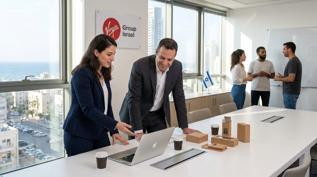 Israeli professionals collaborate at conference table with Virgin branding mockups.