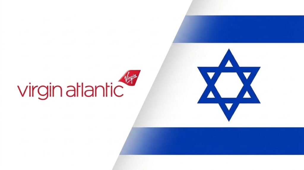 Virgin Atlantic logo beside Israeli flag in graphic layout design.