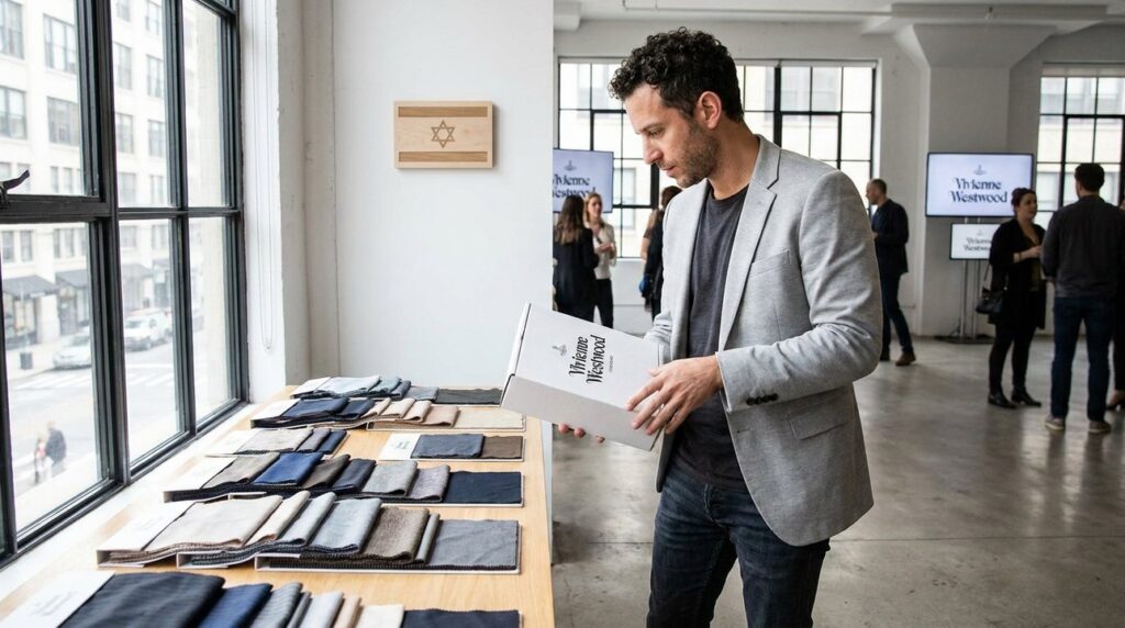 Israeli man examines package in showroom with Vivienne Westwood branding.