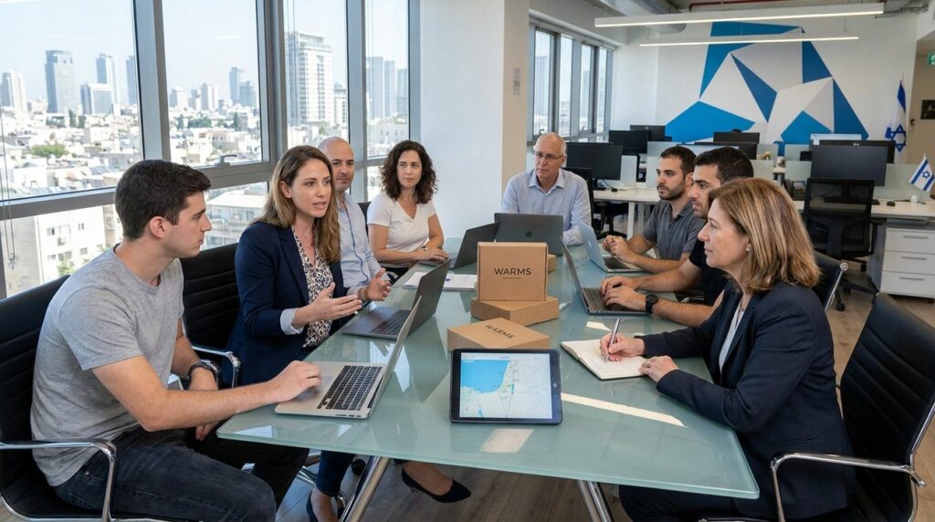 Diverse professionals discuss policy around glass table; tablet shows Israel.