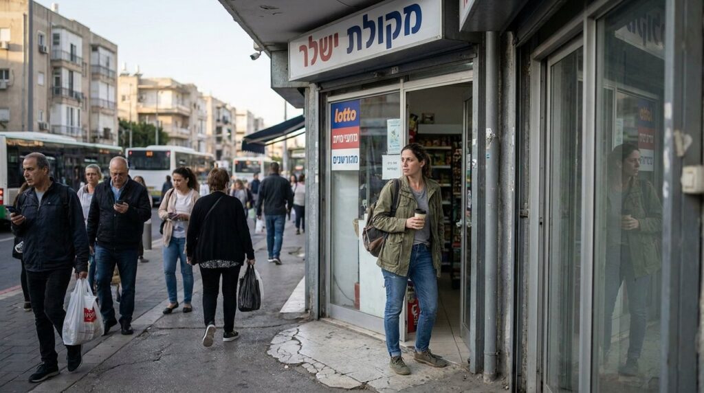 Israeli woman in jeans and light jacket outside convenience store.