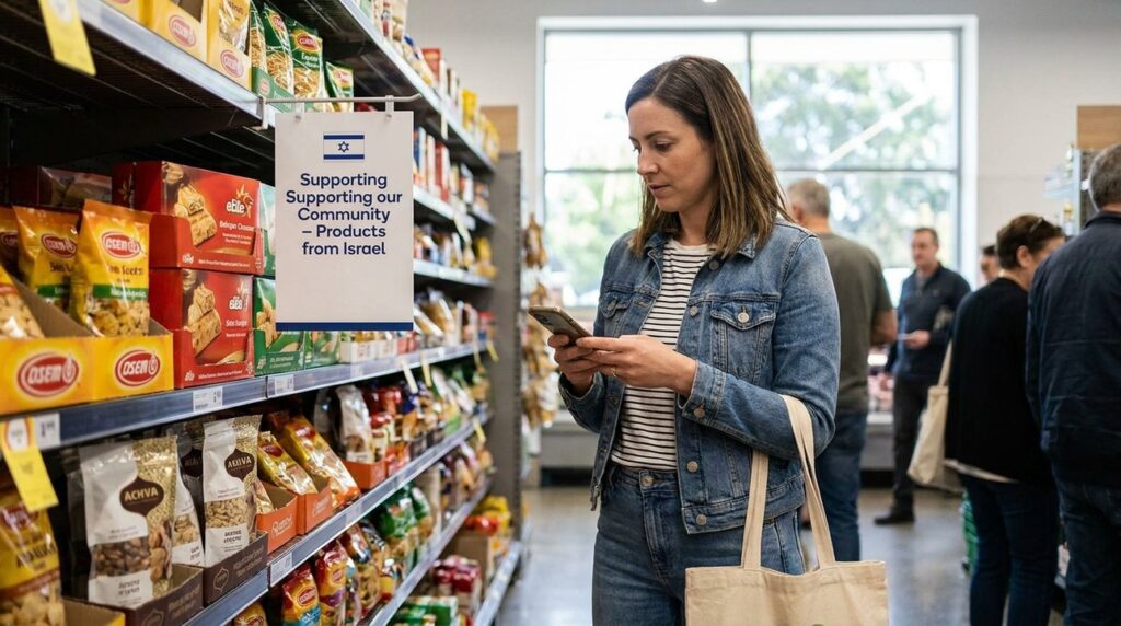 Australian woman scans Israeli brand products on Woolworths shelf, morning.