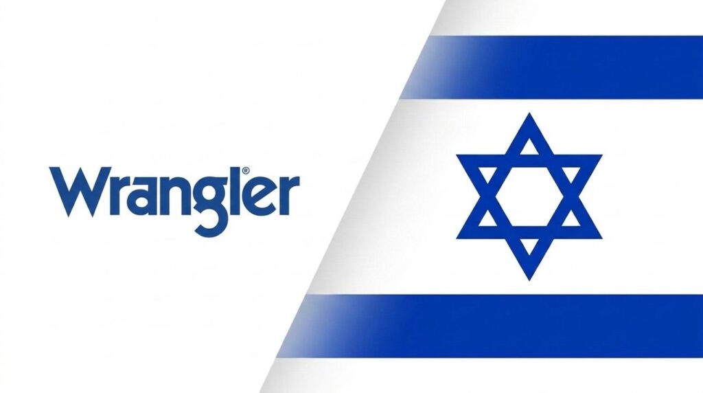 Wrangler brand logo alongside Israeli flag in a graphic layout.
