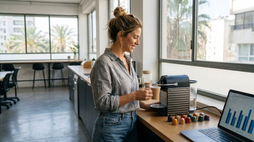 Israeli woman in casual clothes near Nespresso machine and laptop