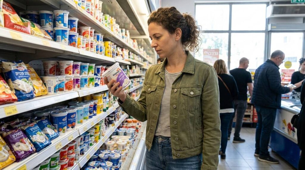 Secular Israeli woman in 30s examines Yoplait yogurt in Tel Aviv.