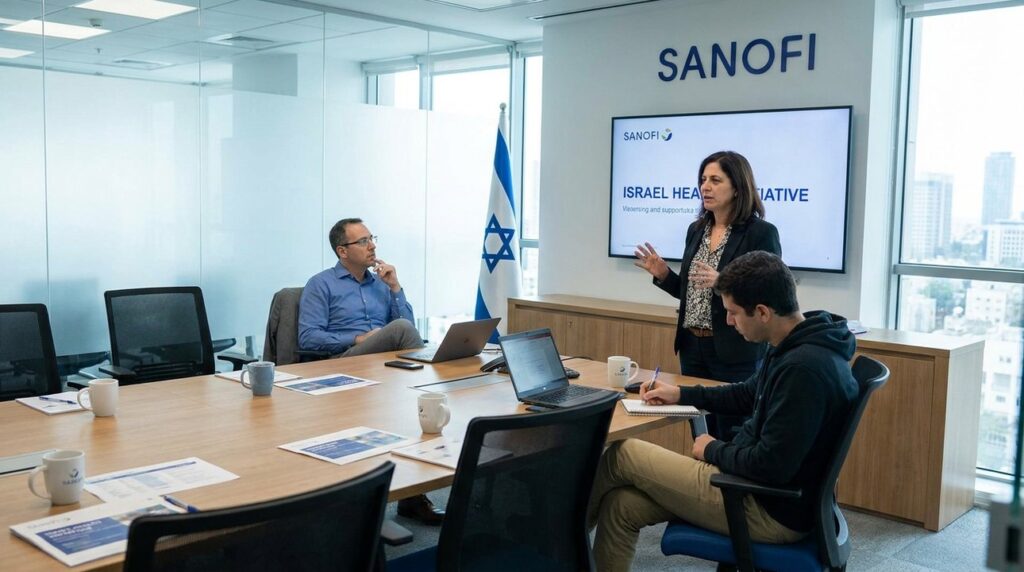 Israeli female presenter, man listening, colleague notes; Sanofi branding, flag.