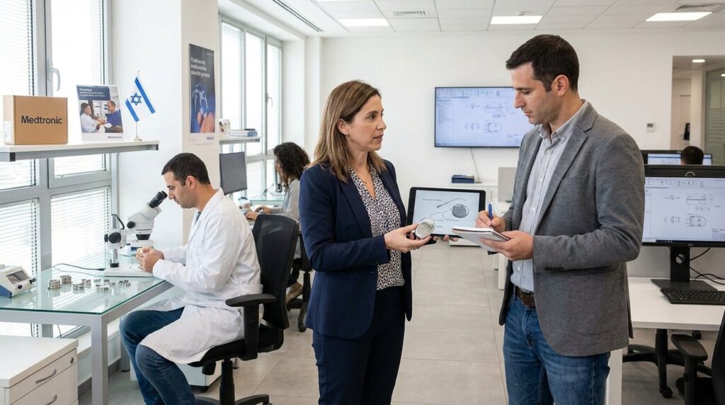 Israeli woman explains Medtronic device to colleague; technician inspects components.