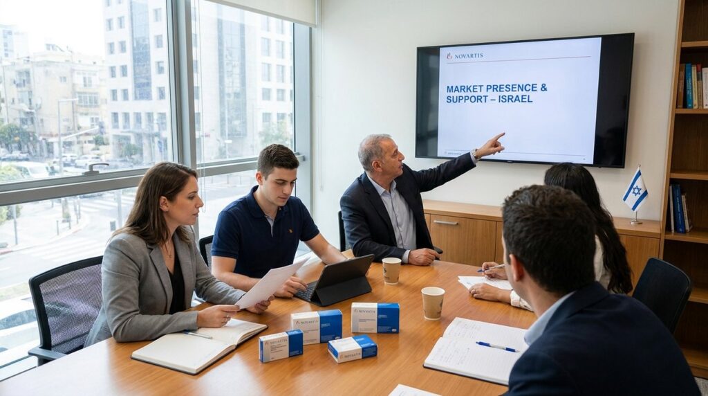 Israeli professionals in room with Novartis branding on screen, flag.