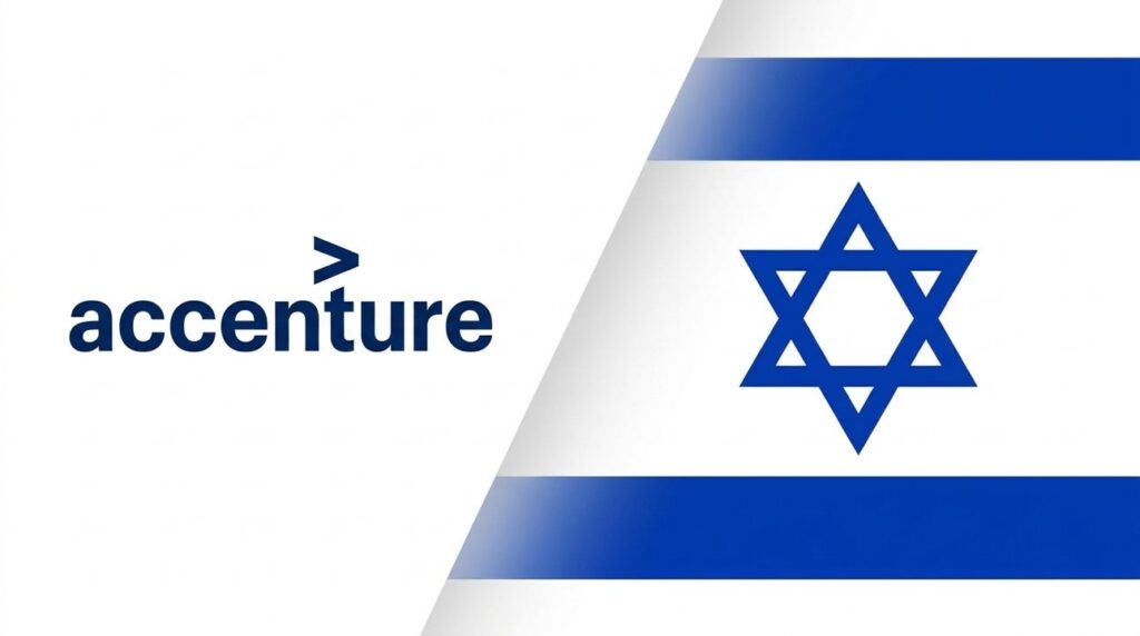Accenture logo beside Israeli flag graphic layout on brand cover.