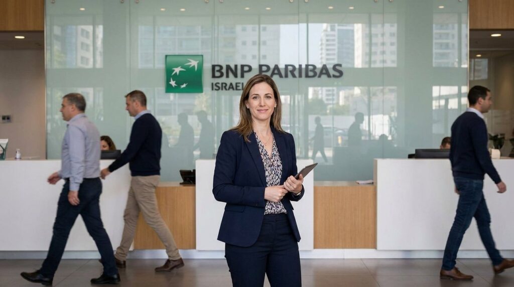 Israeli woman in casual business attire in BNP Paribas lobby.